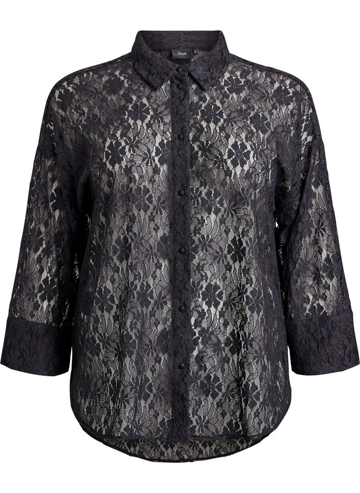 Lace shirt with 3/4 sleeves, Black, Packshot image number 0