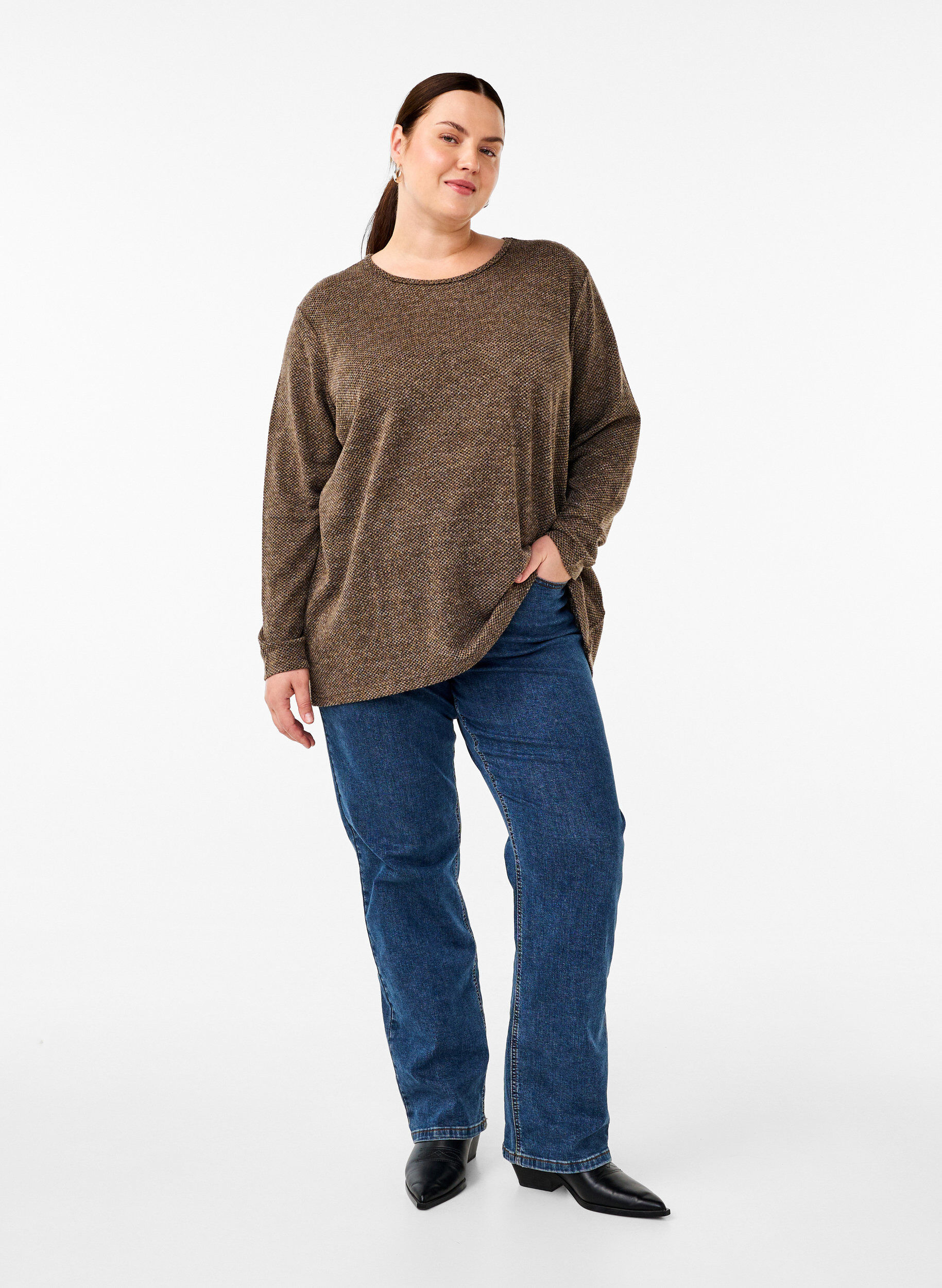 Zizzifashion Melange blouse with round neck and long sleeves, Caribou, Model image number 2