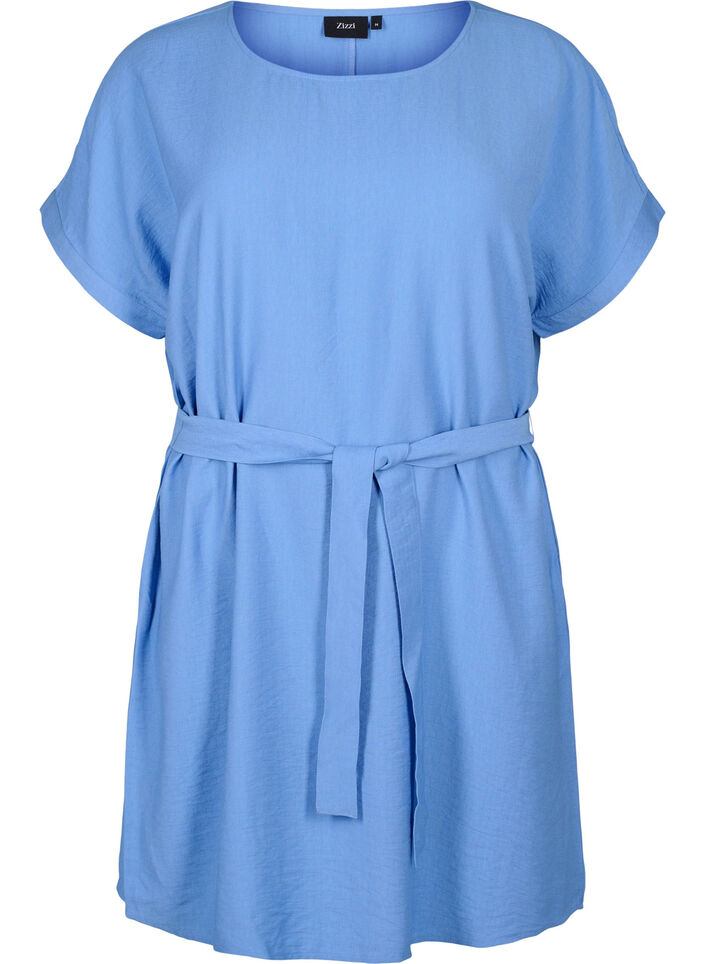 Short dress with loose fit and tie belt, Light Blue, Packshot image number 0