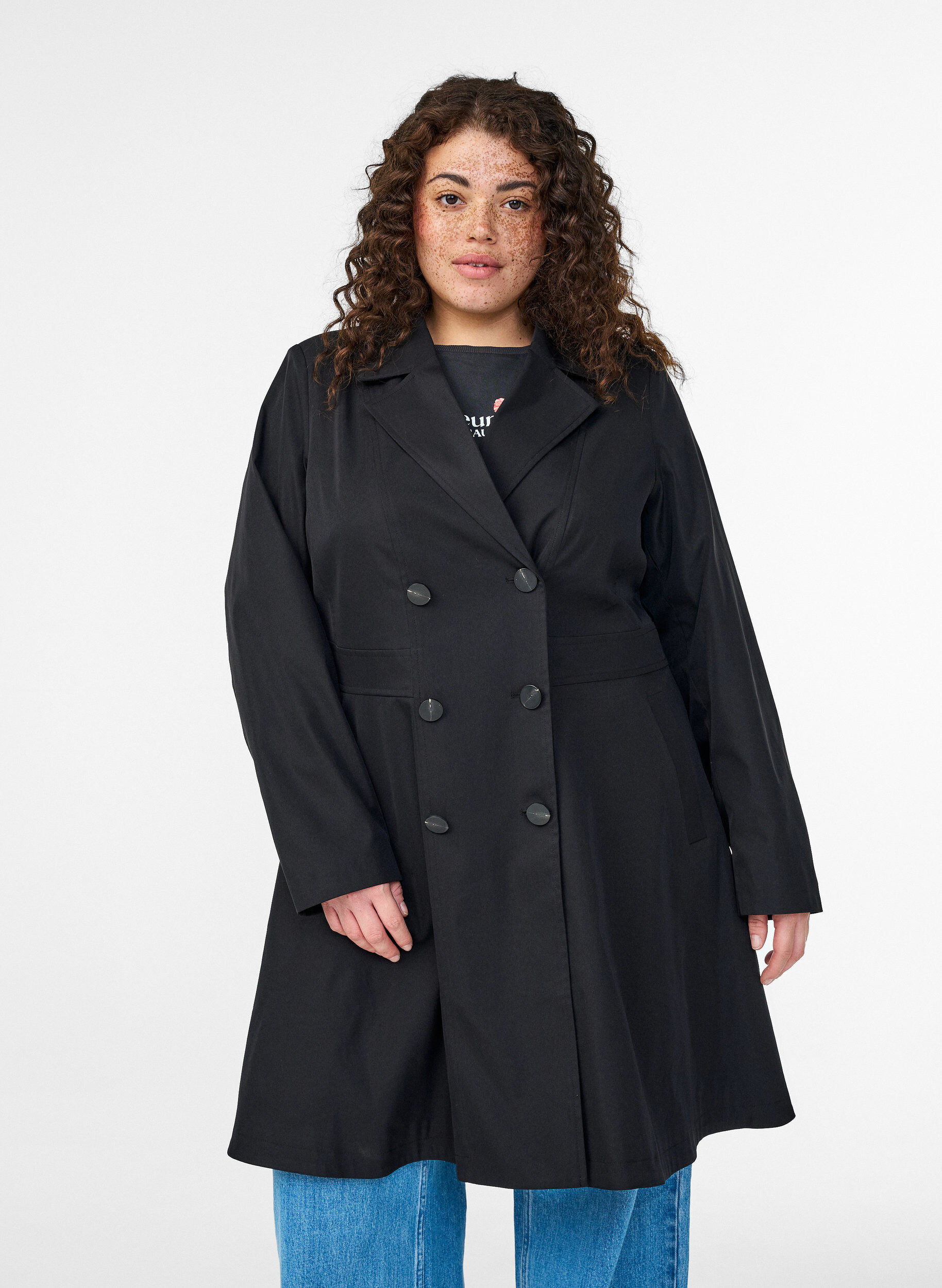 A-line spring coat with double-breasted fastening, Black, Model