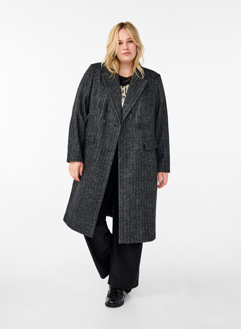 Long wool coat with herringbone pattern, Dark Grey Melange, Model image number 2