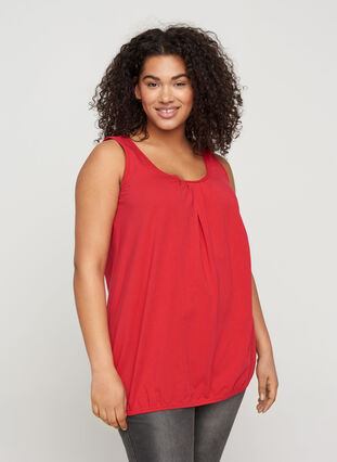 Cotton top with a round neck and lace trim, Lipstick Red, Model image number 0