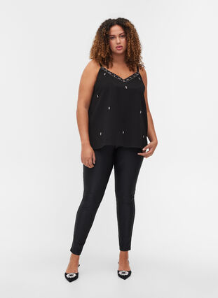 Top with thin, adjustable straps and pearls, Black, Model image number 2