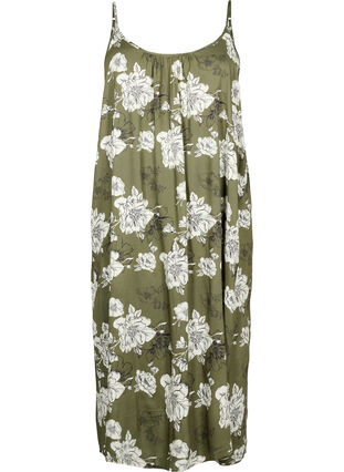 Sleeveless midi dress in viscose, Green Flower AOP, Packshot image number 0