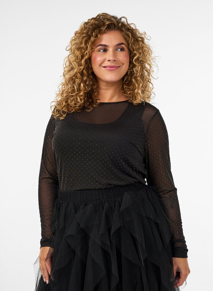 Sheer mesh blouse with rhinestones, Black, Model image number 0