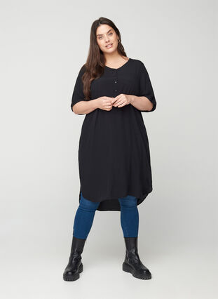 Short-sleeved viscose dress with print, Black, Model image number 2
