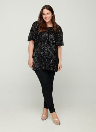 Short-sleeved blouse with sequins, Black, Model image number 2