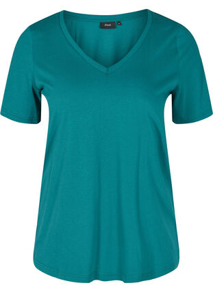 Organic cotton T-shirt with V-neckline, Pacific, Packshot image number 0