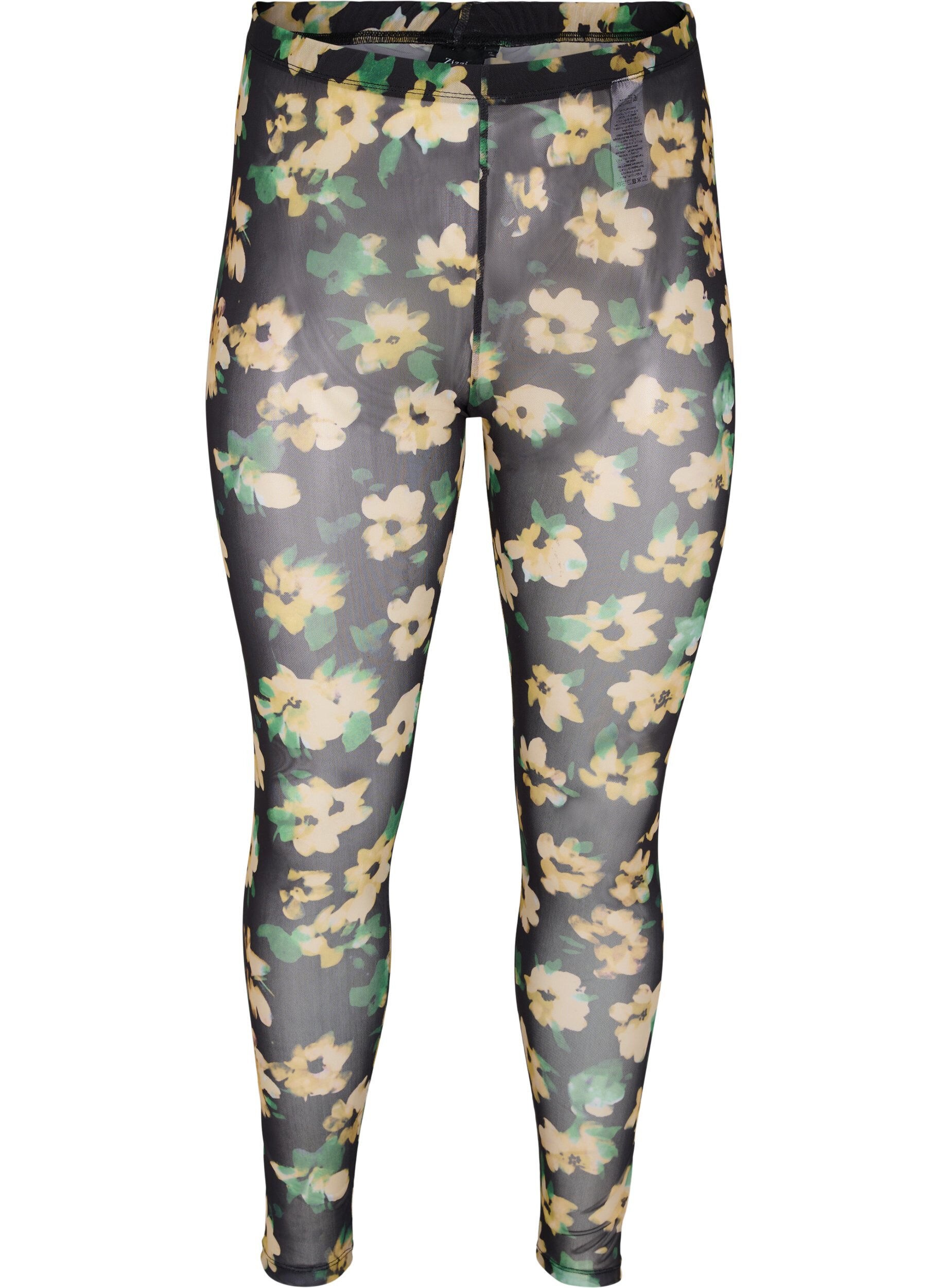 Zizzifashion Mesh leggings with floral print, Yellow Green AOP, Packshot image number 0