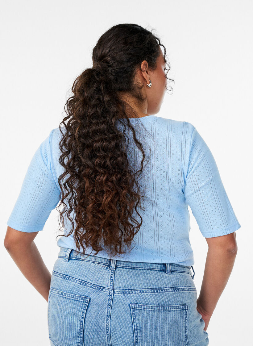 Cotton T-shirt with eyelet embroidery, Light Blue, Model image number 2