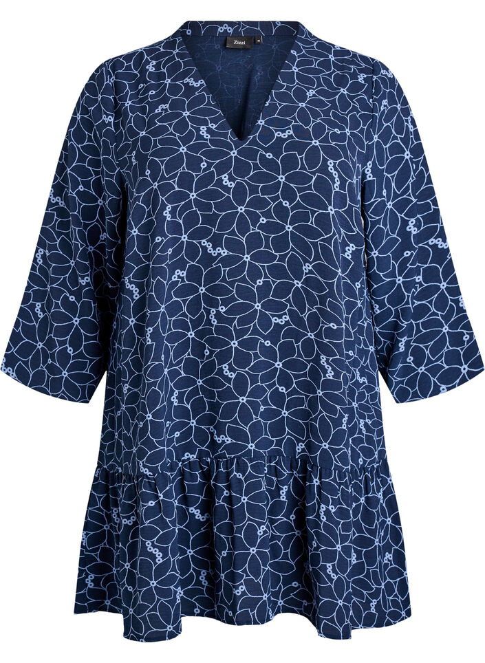 Tunic with an embroidered floral pattern and 3/4 sleeves, Blue, Packshot image number 0