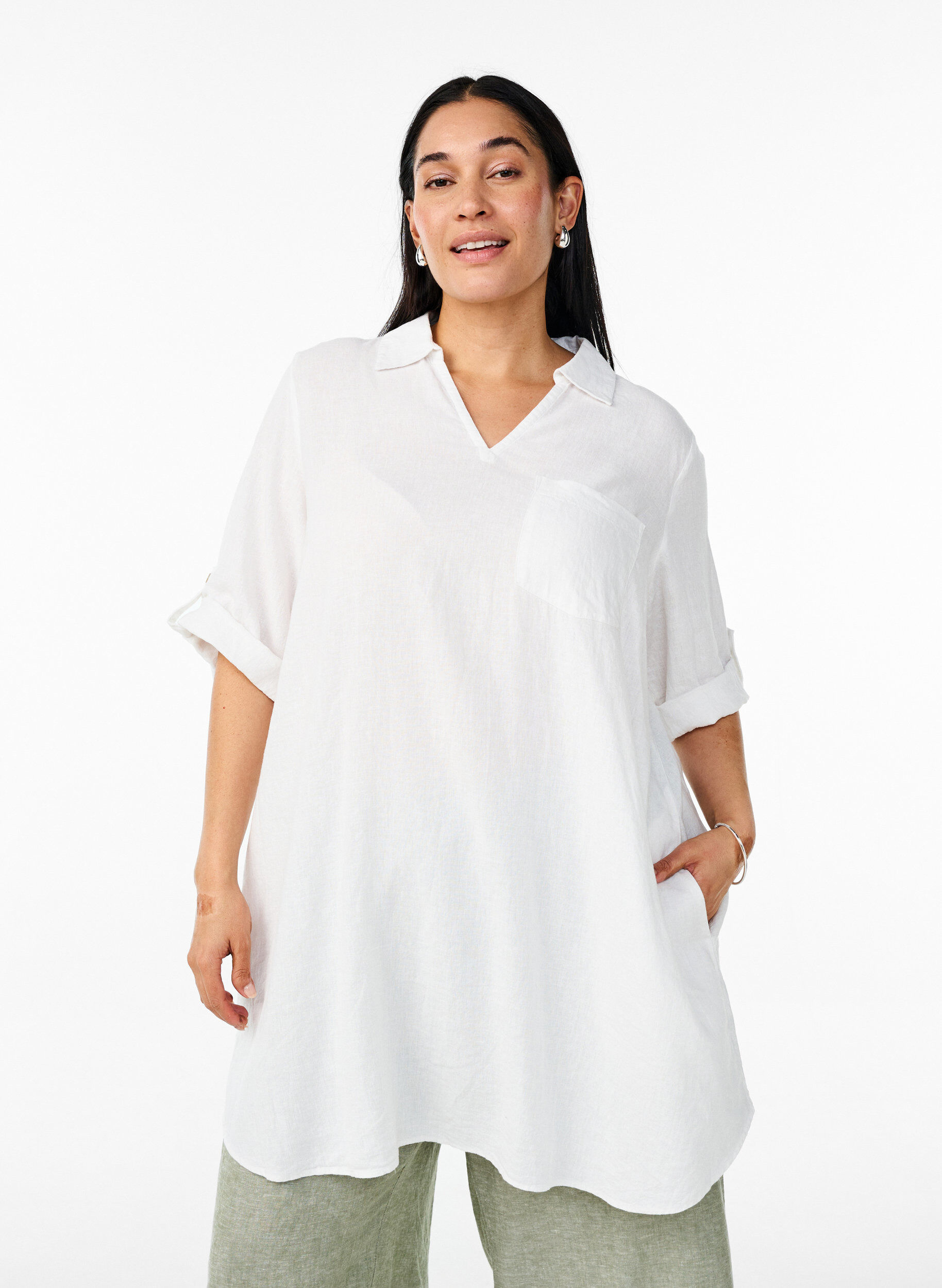 Zizzifashion Linen and viscose tunic with A-shape, White, Model image number 0