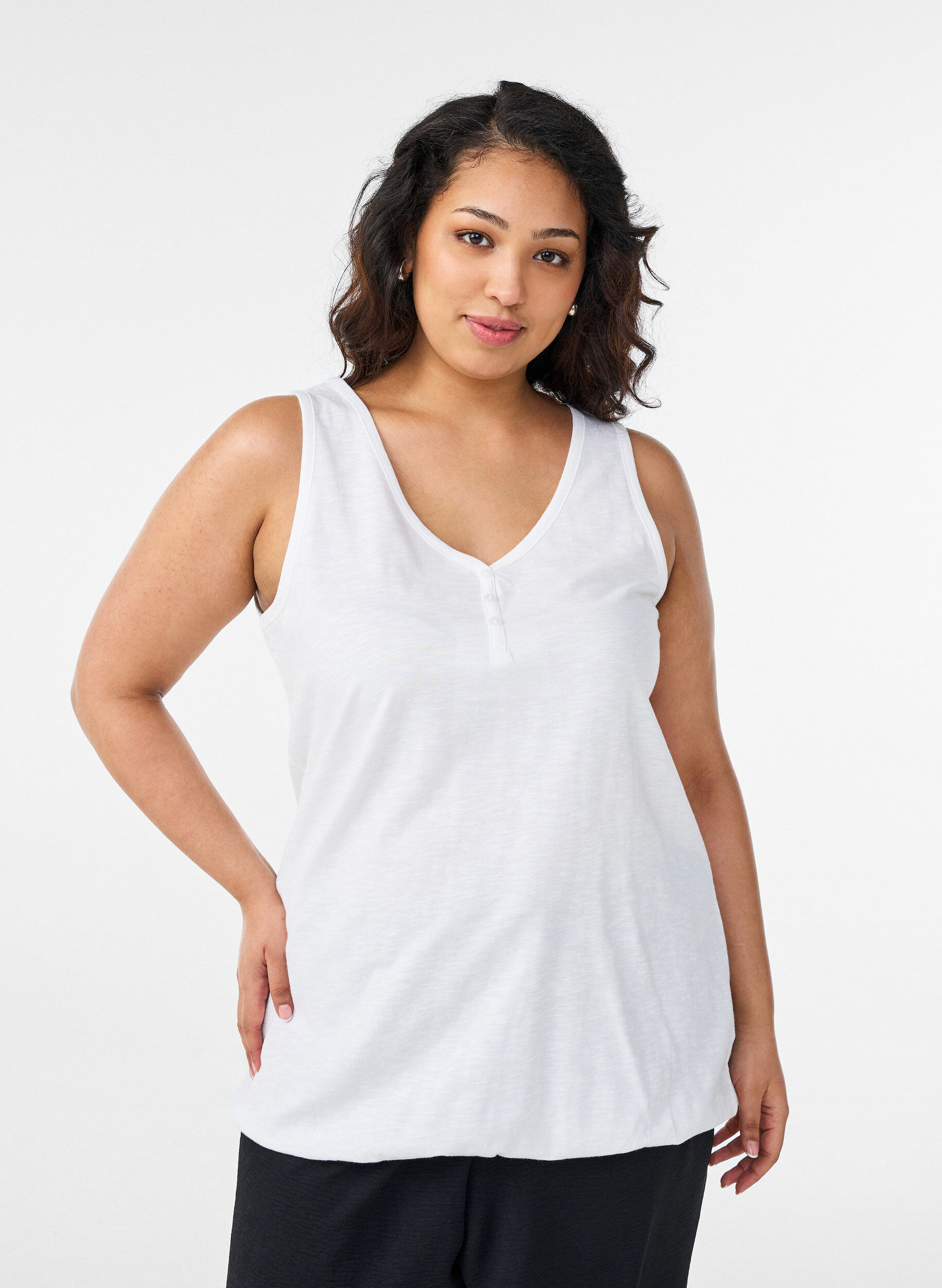 Zizzifashion Tank top in organic cotton with V-neck and buttons, White, Model image number 0