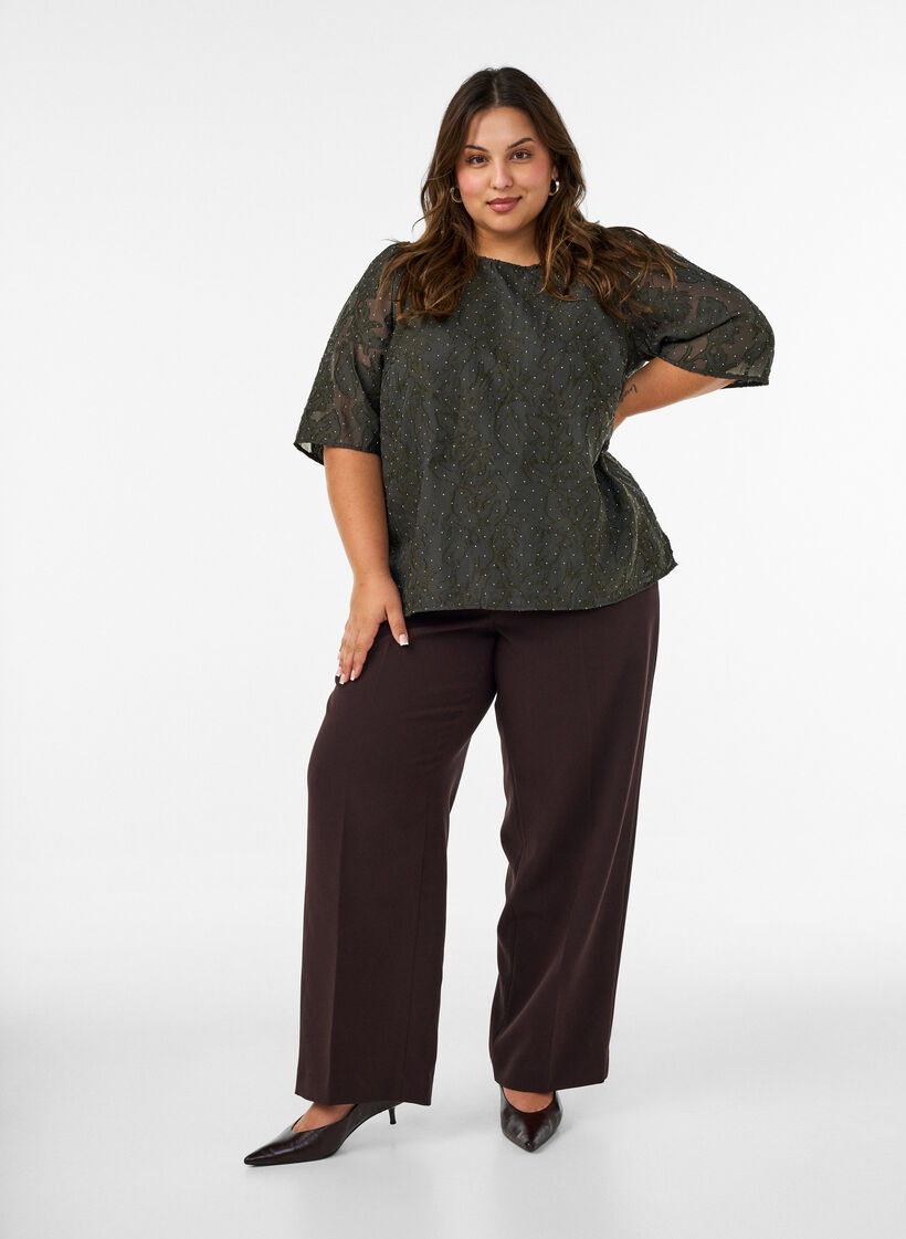 Jacquard blouse with sparkly details and puff sleeves, Green, Model image number 1