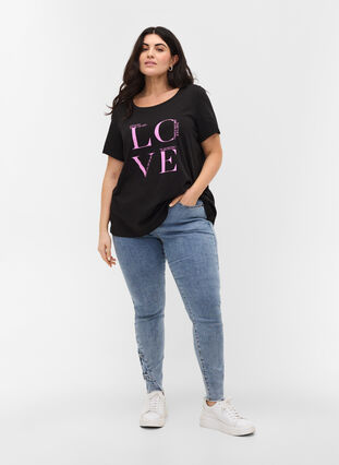 Cotton t-shirt with print, Black Cyclamen LOVE, Model image number 2