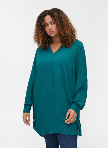 Long-sleeved v-neck viscose tunic, Pacific, Model image number 0