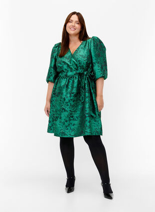 Short wrap dress with 3/4 sleeves, Green , Model image number 2