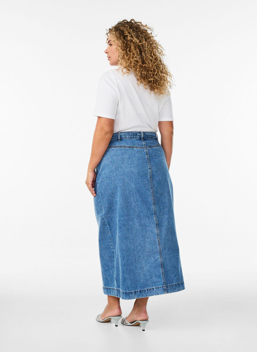 Denim maxi skirt with tie belt, Blue, Model image number 1