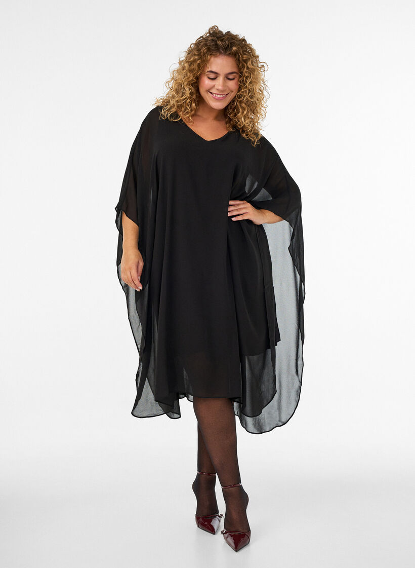 Short chiffon dress with V-neck, Black, Model image number 0
