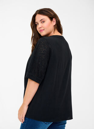 Shirt blouse with broderie anglaise, Black, Model image number 1