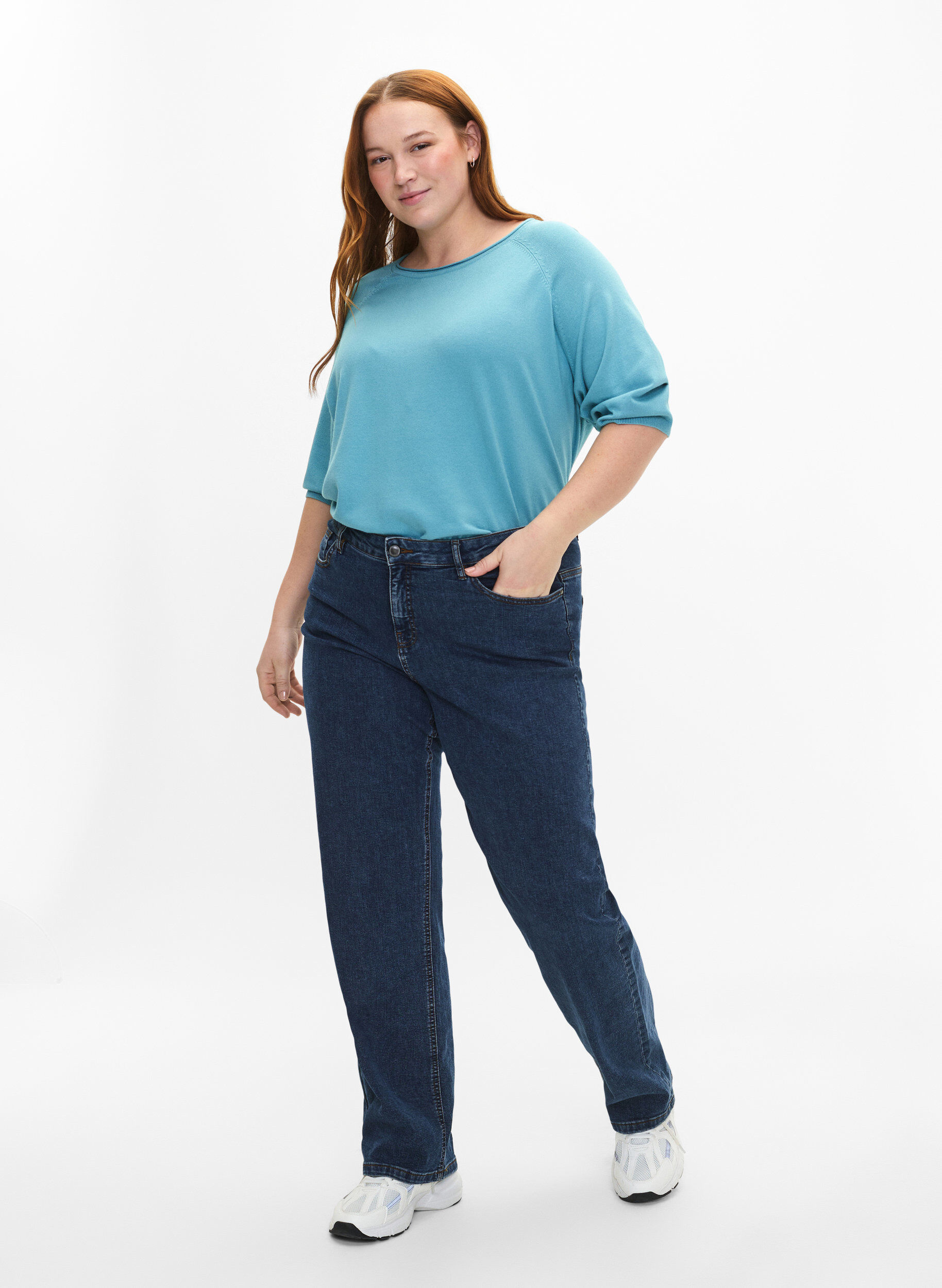 Zizzifashion Viscose knitted blouse with 3/4 sleeves, Reef Waters, Model image number 2