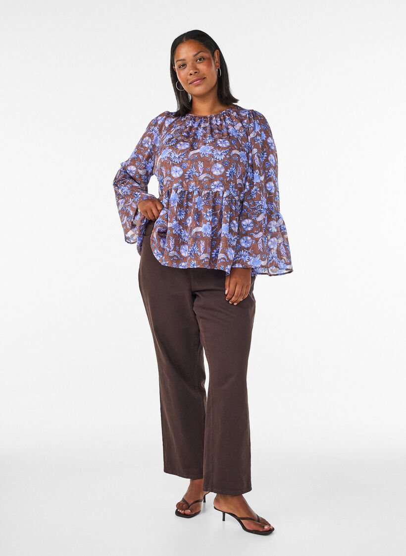 Floral blouse with ruffle sleeves, Brown, Model image number 1