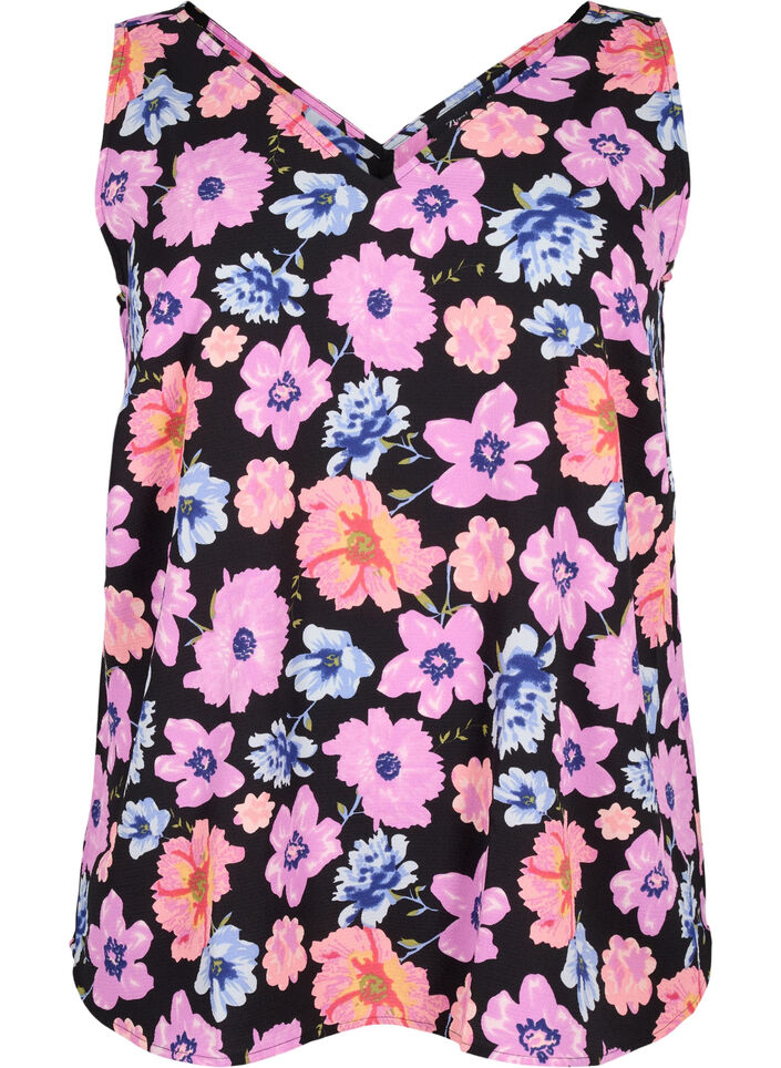 Floral top with v-neck, Black Big Flower AOP, Packshot image number 0