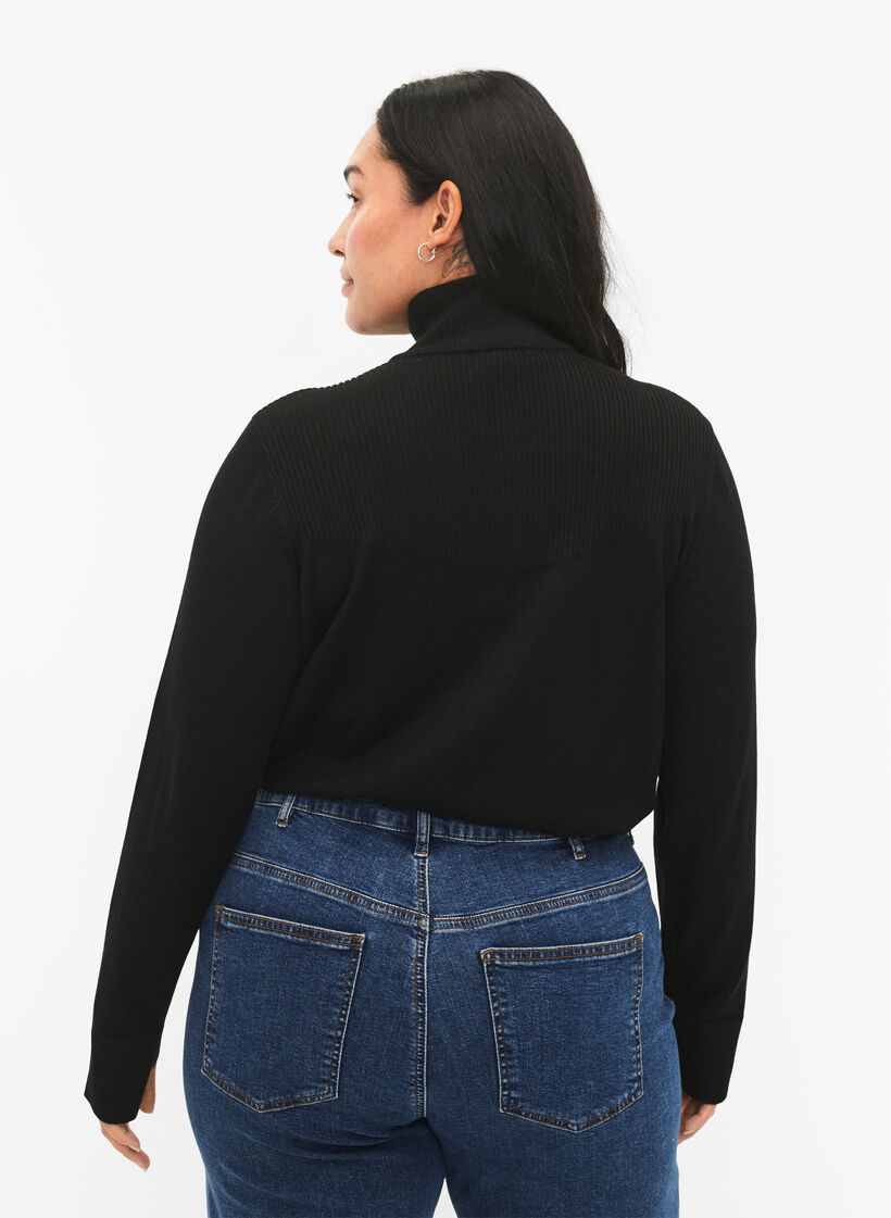 Viscose knit blouse with high neck and zipper, Black, Model image number 1