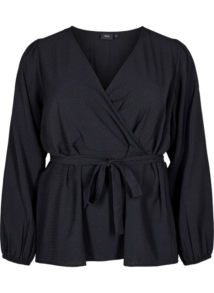 Long-sleeved wrap blouse with tie fastening, Black, Packshot image number 0