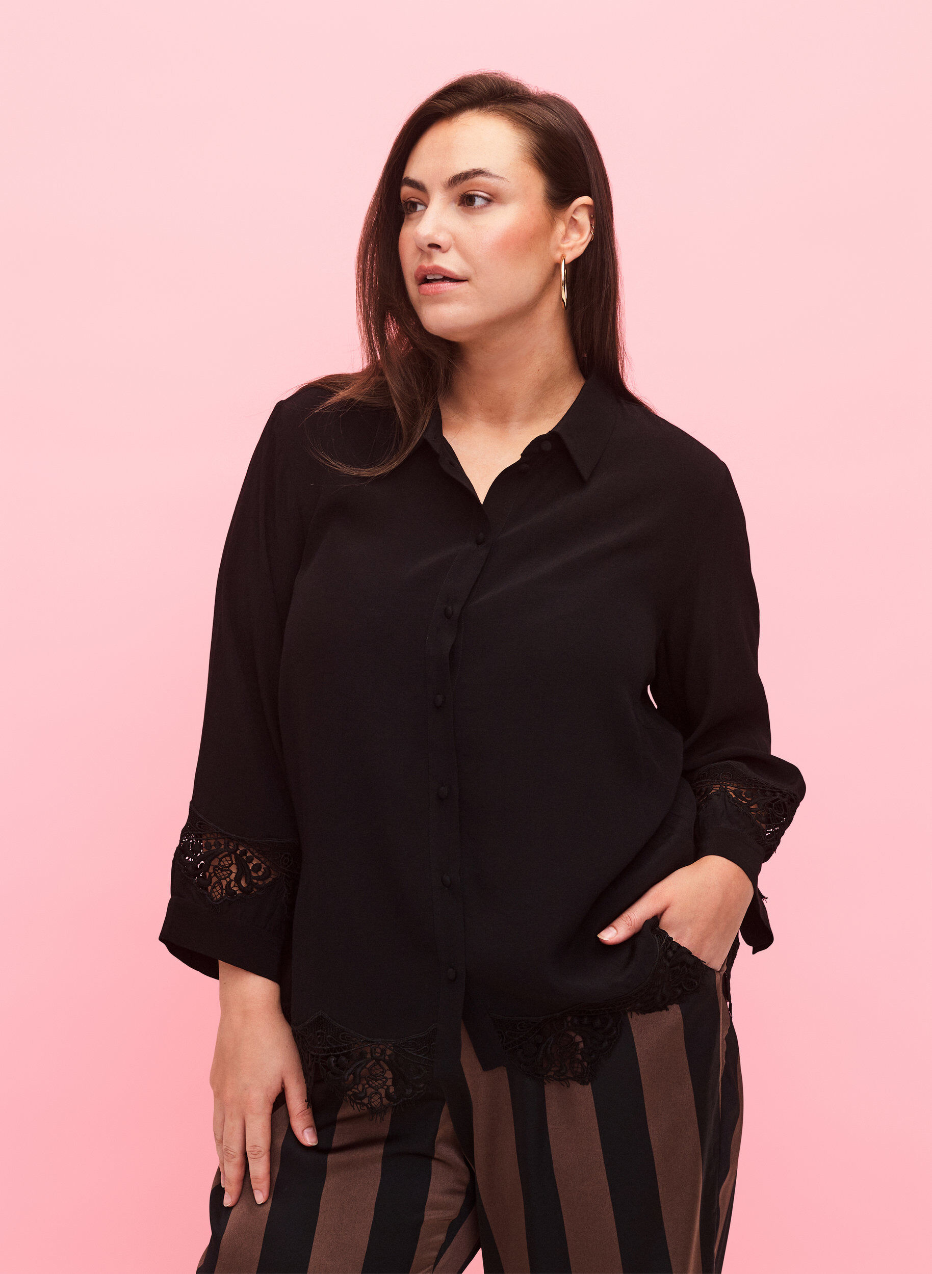 Zizzifashion Viscose shirt with 3/4 sleeves and embroidery details, Black, Model image number 0