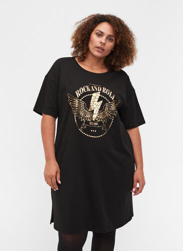 T-shirt dress in cotton with print details, Black w. Gold, Model image number 0