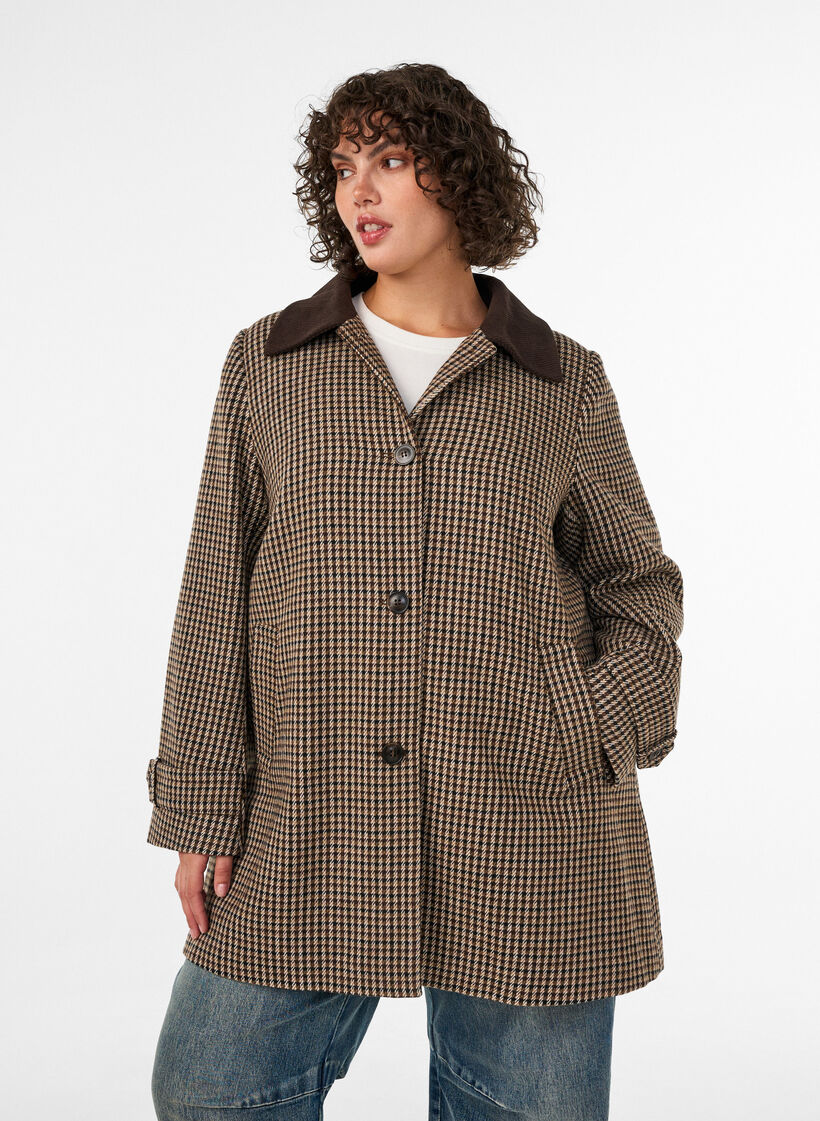 Checked coat with corduroy collar, Brown, Model image number 0