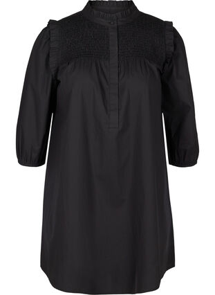 Cotton tunic wth 3/4-length sleeves and ruffles, Black, Packshot image number 0
