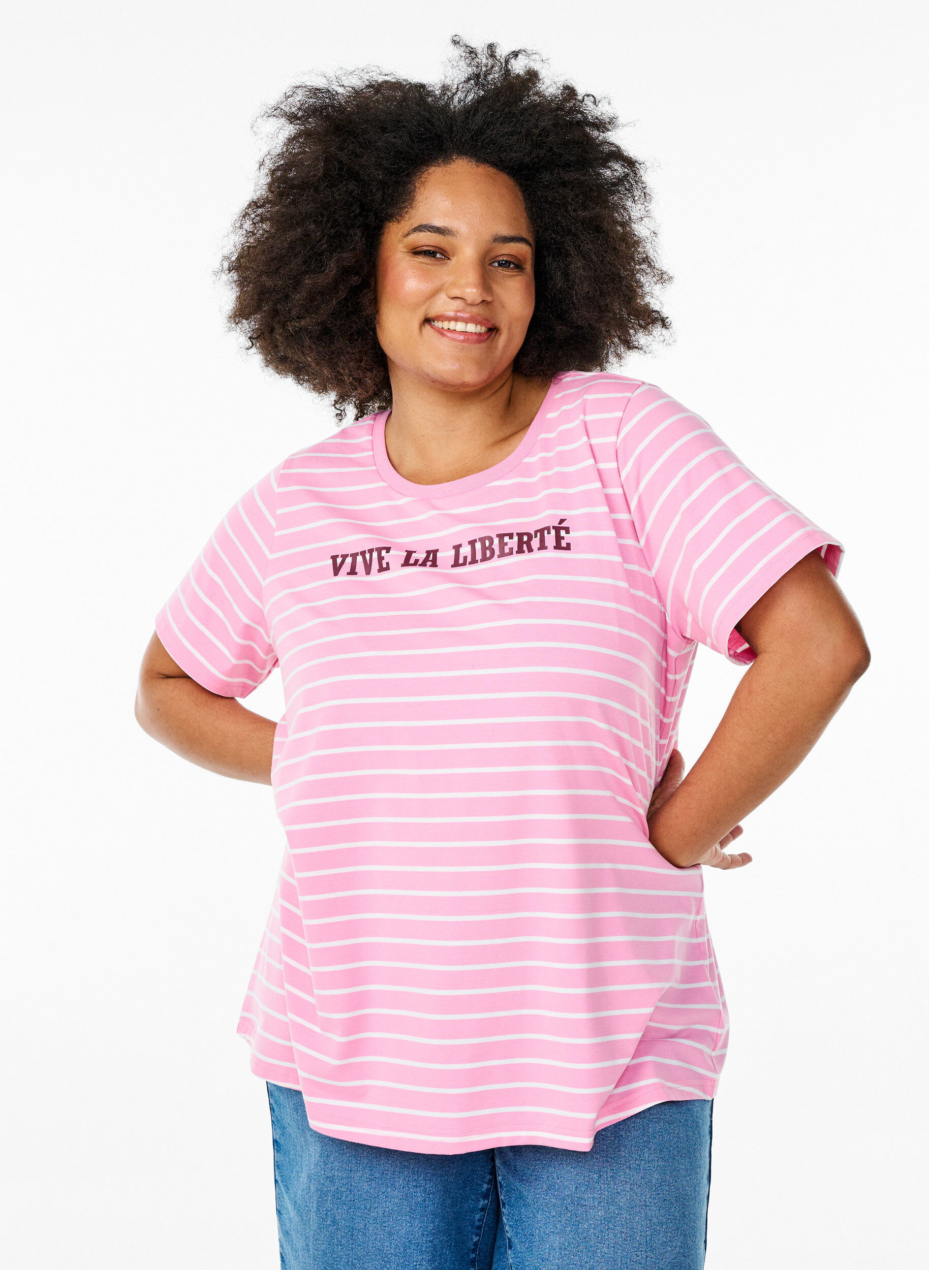 Zizzifashion Striped T-shirt with text print, Pink, Model image number 0
