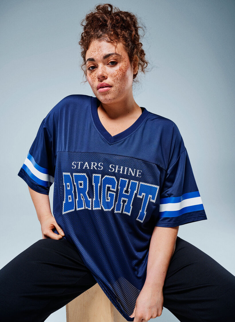 Workout t-shirt with a V-neck and front print, Blue, Image image number 0