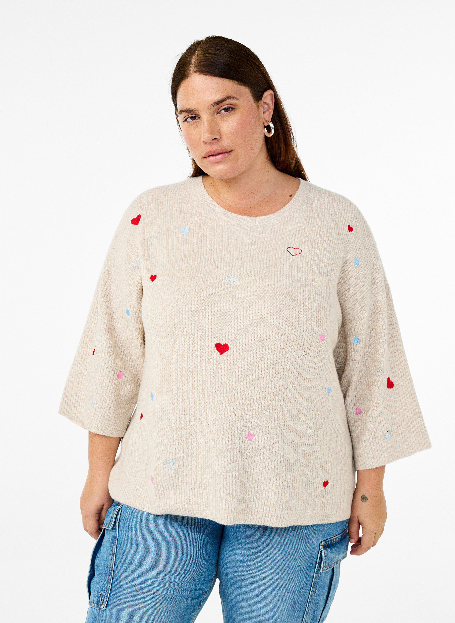Knitted blouse with hearts and 3/4 sleeves, Beige, Model