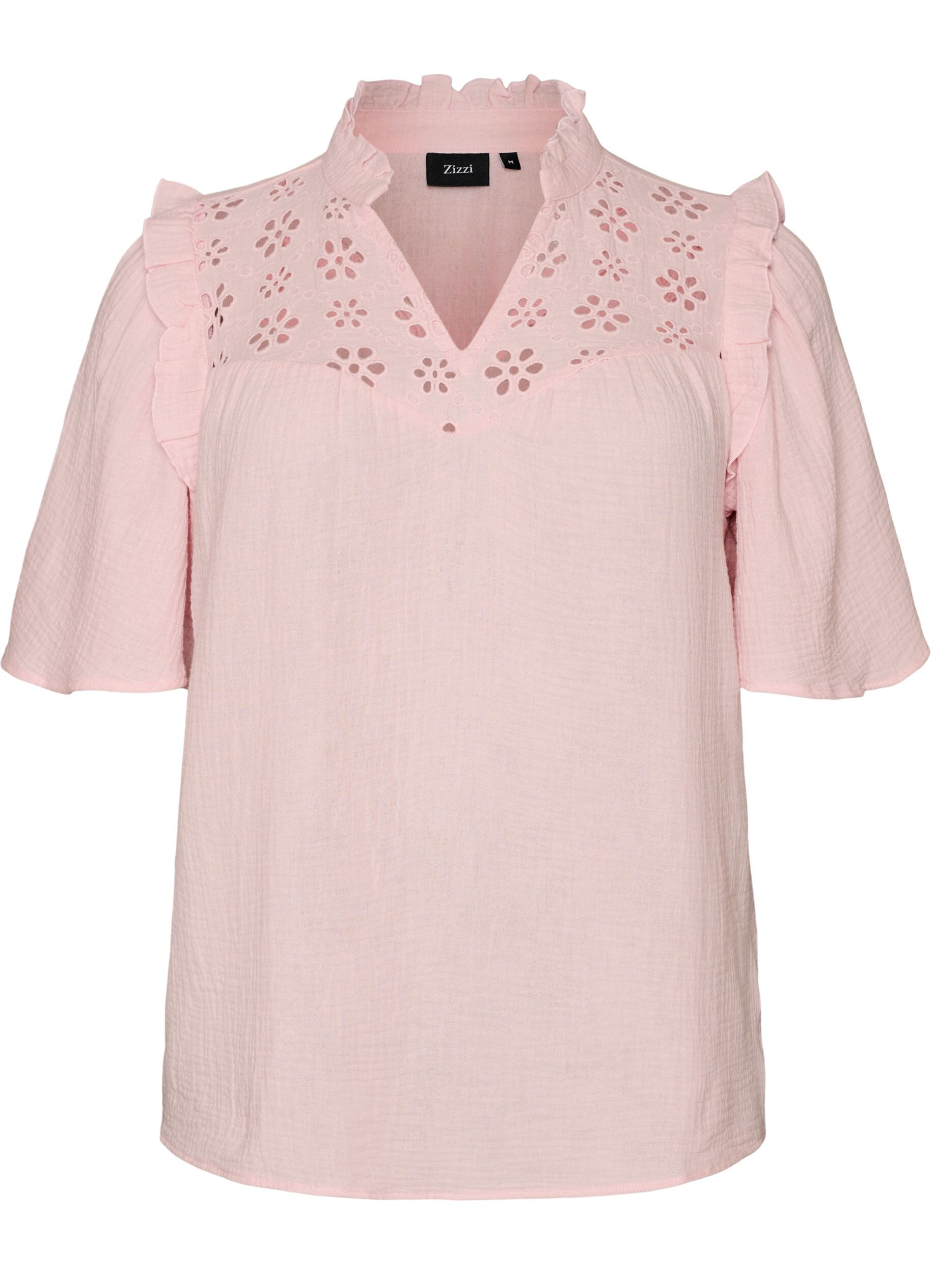 Blouse in cotton muslin with broderie anglaise and 1/2 sleeves
