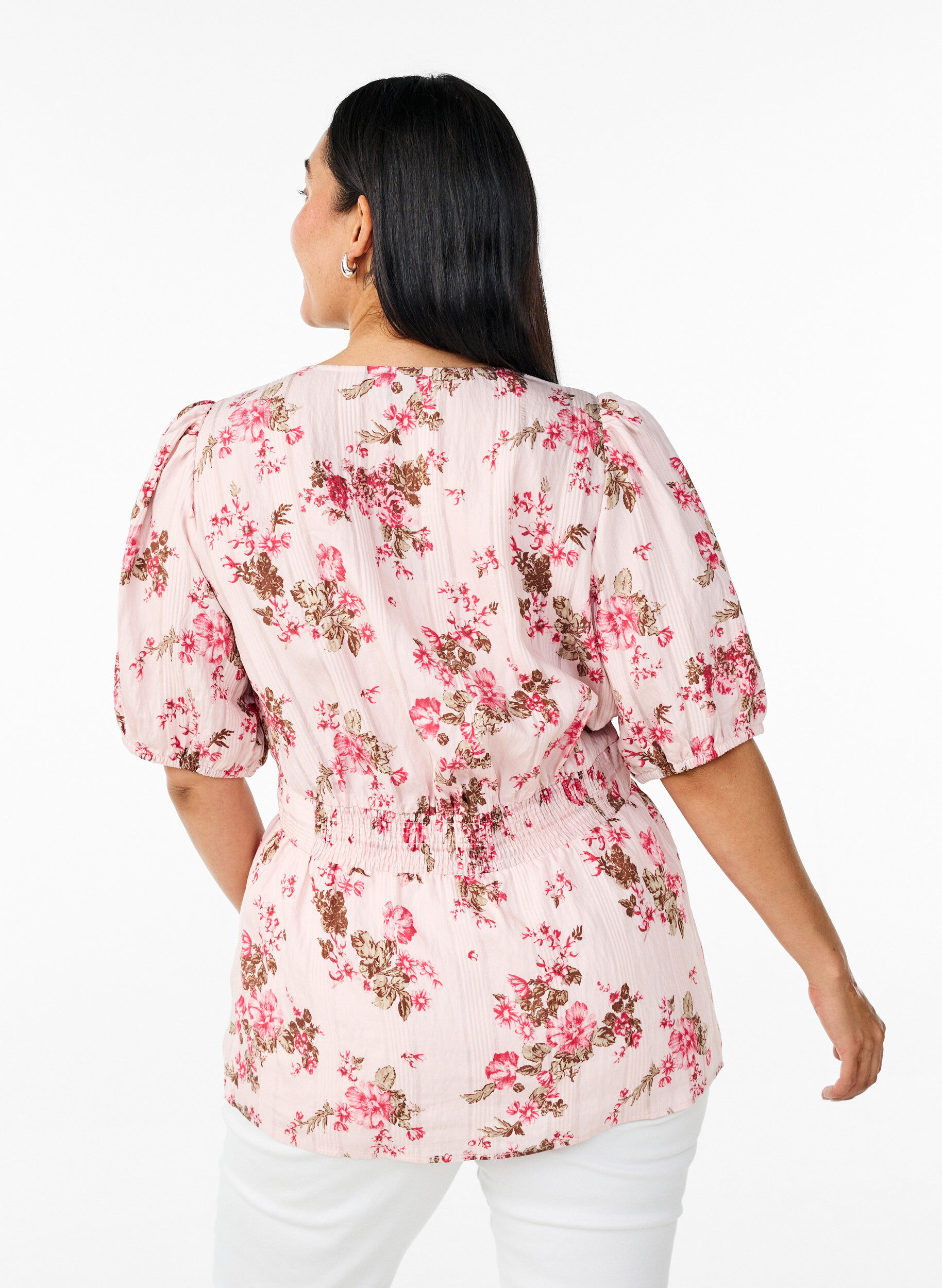 Zizzifashion Floral blouse with short sleeves and smocked waist, Pink, Model image number 2