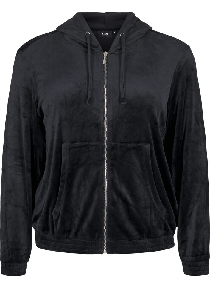 Velour cardigan with hood, Black, Packshot image number 0