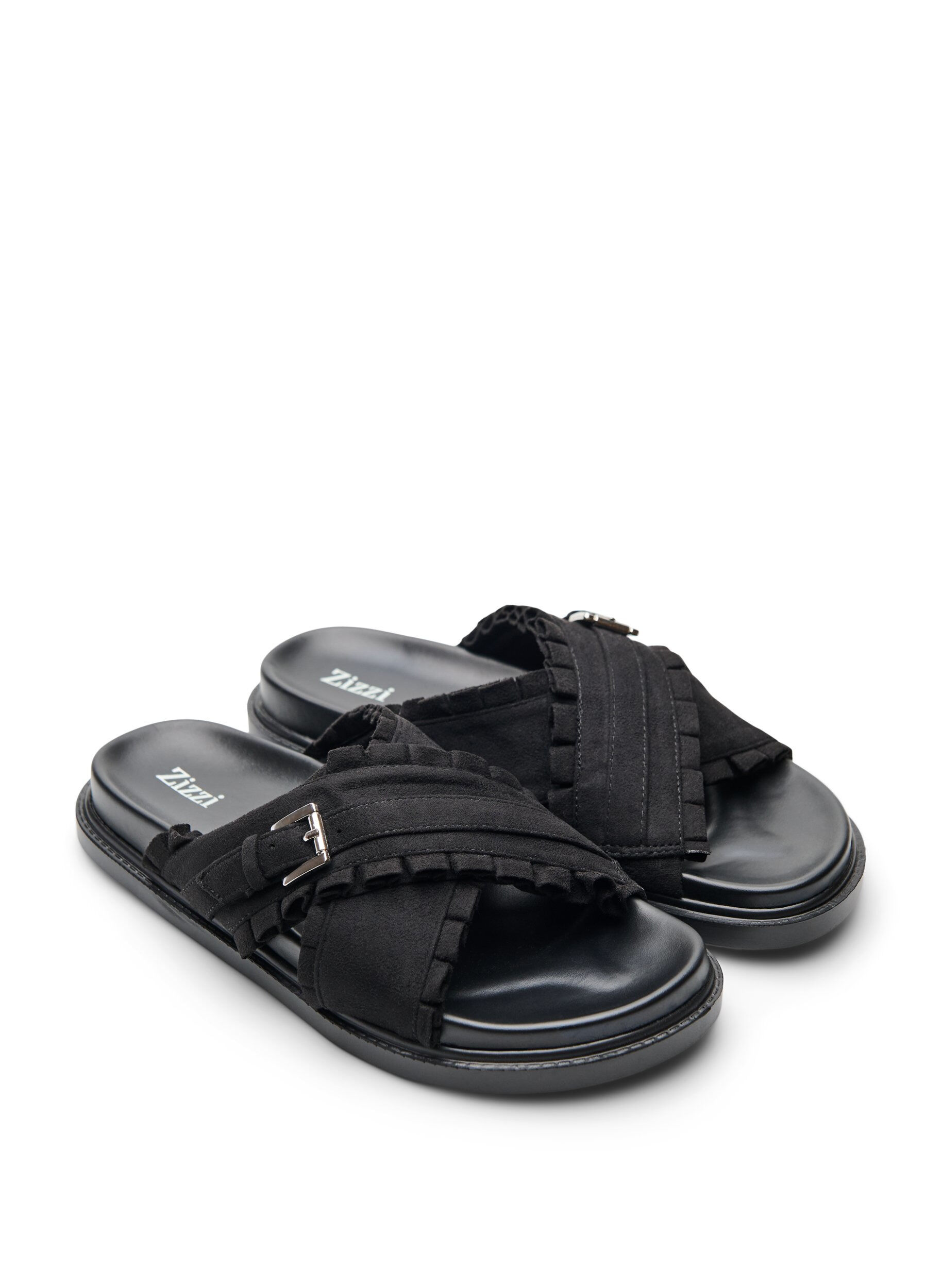 Zizzifashion Sandals with crossed straps and ruffle edges, Black, Packshot image number 1