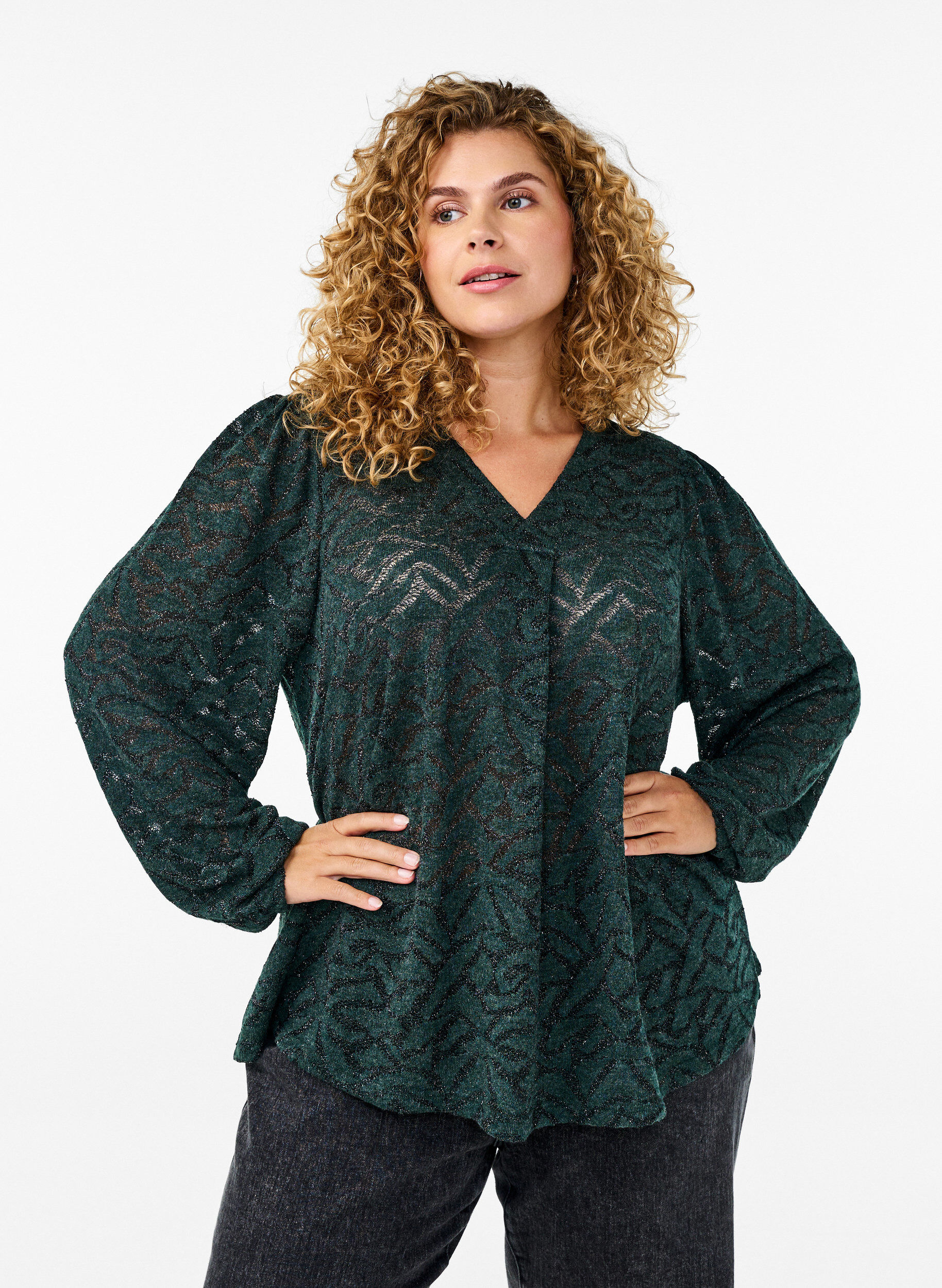 Zizzifashion Long-sleeved blouse with glitter and pattern, Green, Model image number 0