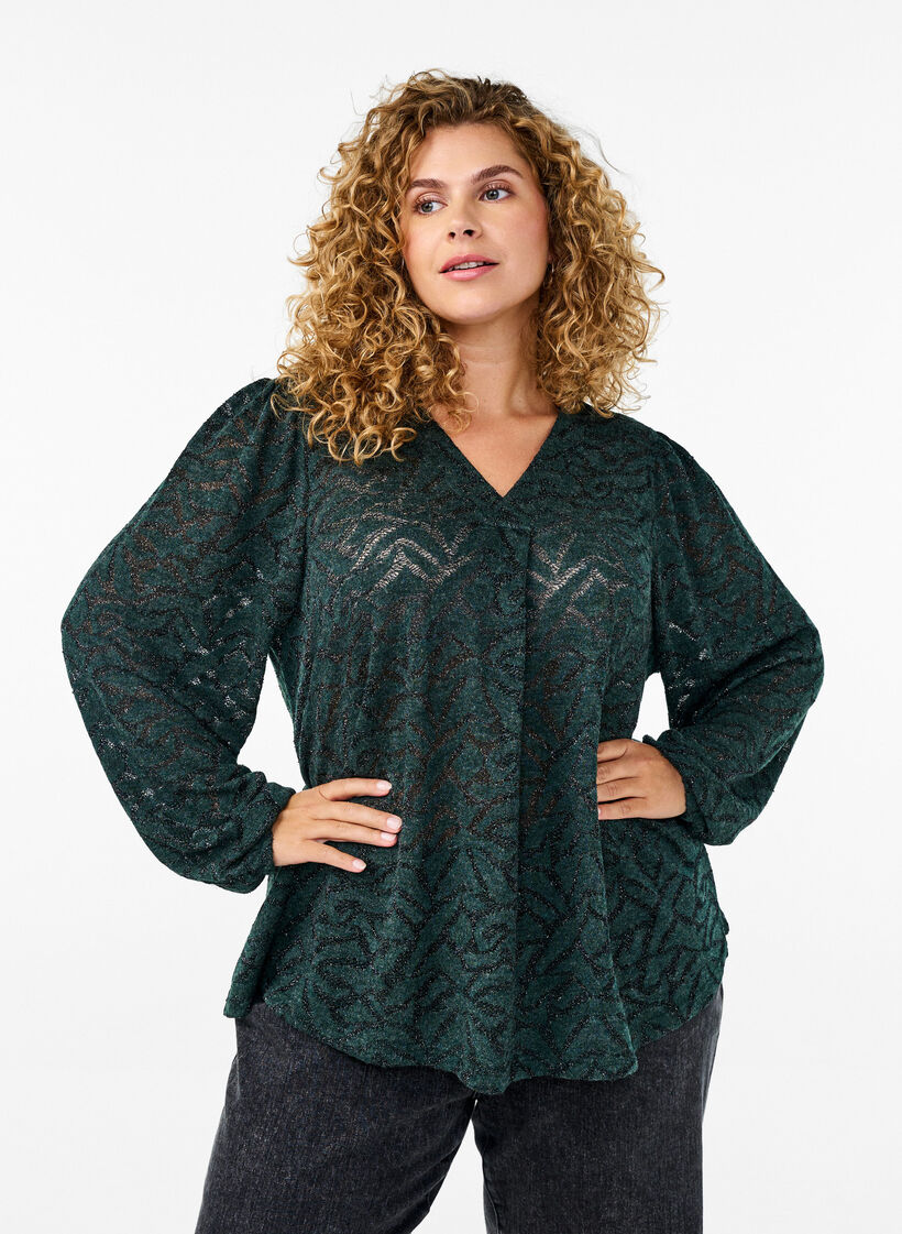 Long-sleeved blouse with glitter and pattern, Green, Model image number 0