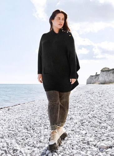 Knitted poncho with button details, Black, Image image number 0