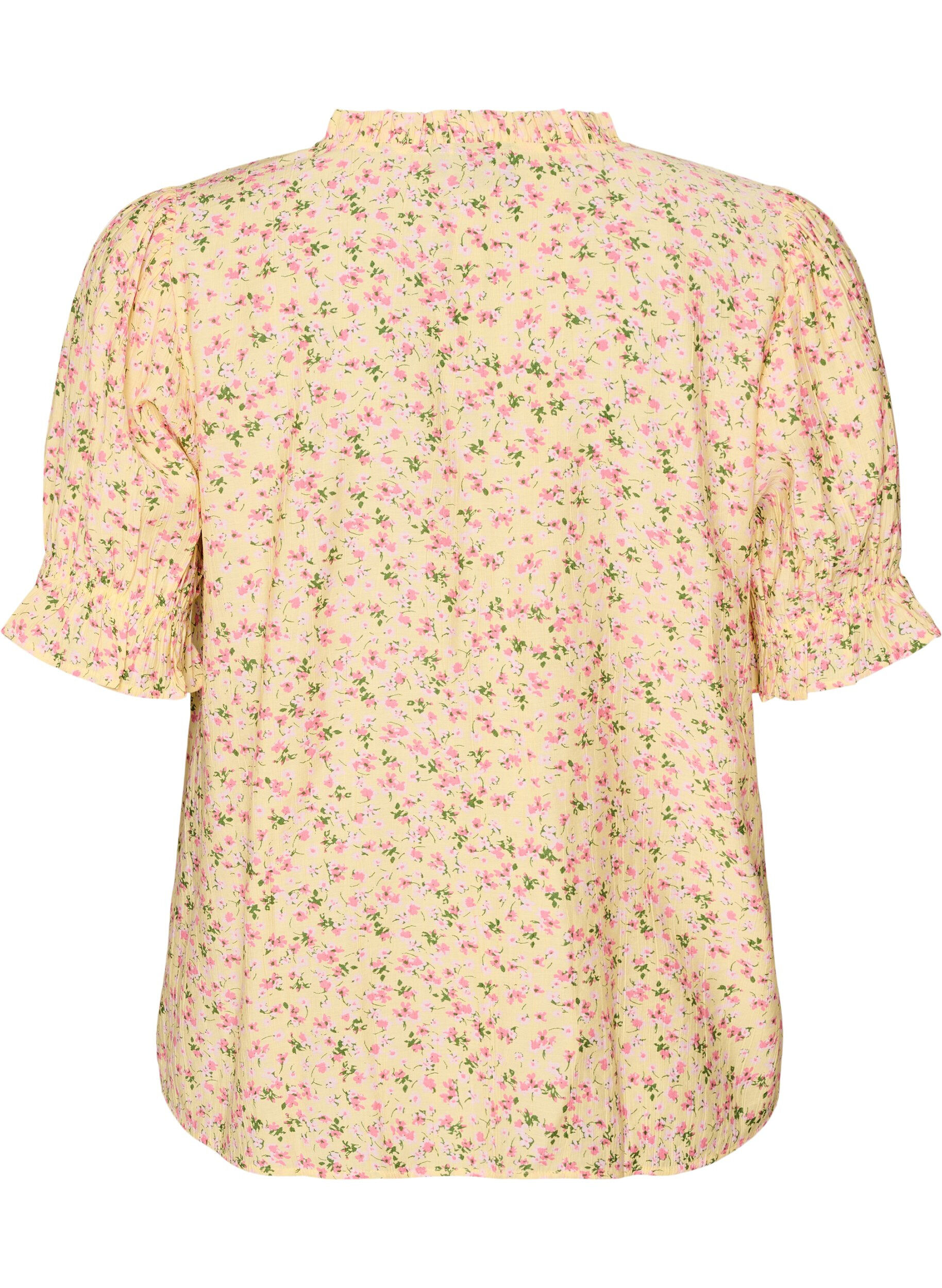 Zizzifashion Floral viscose blouse with short sleeves and a ruffle collar, Yellow, Packshot image number 1