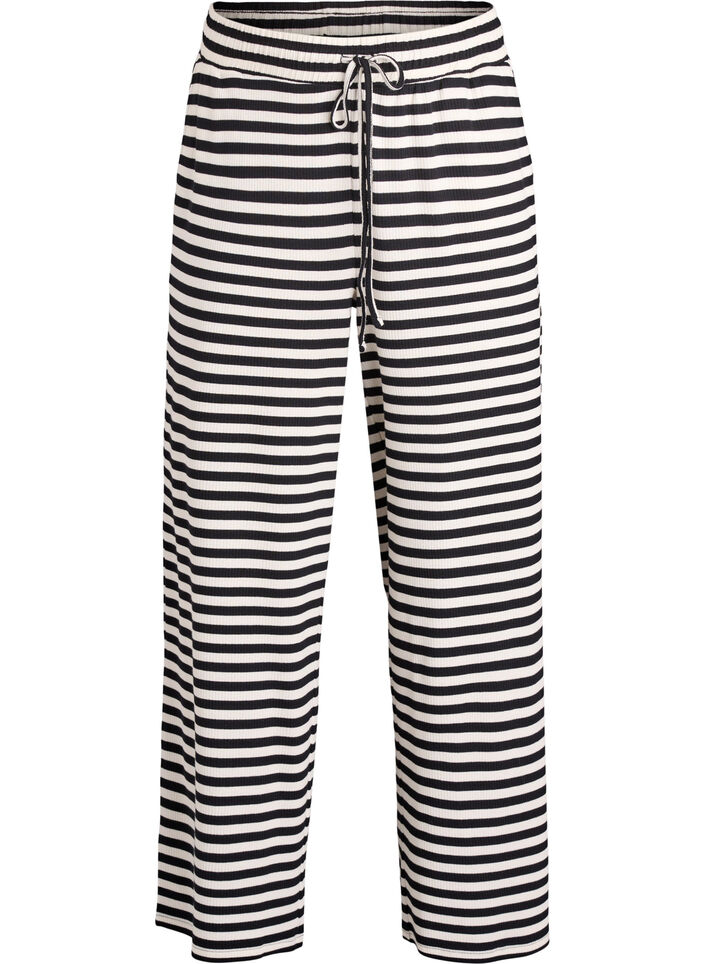 Striped pyjama bottoms with a high waist and wide legs, Black, Packshot image number 0