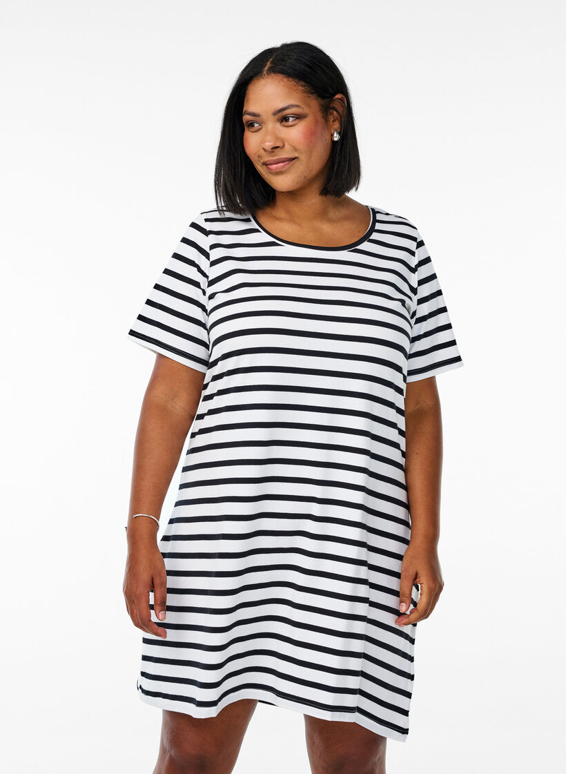 Striped jersey dress with short sleeves, Black, Model image number 0