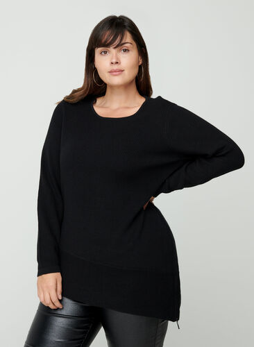 Knitted blouse with an asymmetric hem, Black, Model image number 0