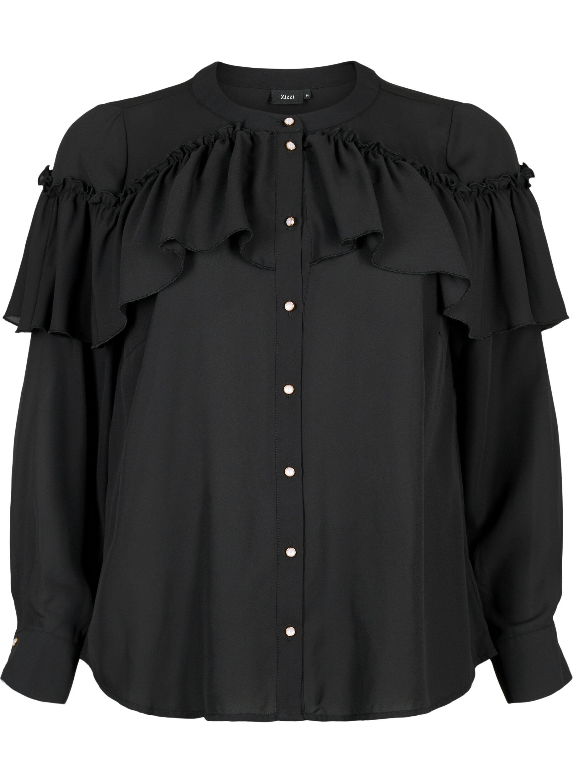 Zizzifashion Ruffle shirt blouse with pearl buttons, Black, Packshot image number 0