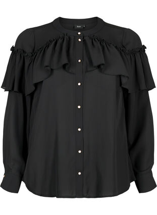 Ruffle shirt blouse with pearl buttons, Black, Packshot image number 0