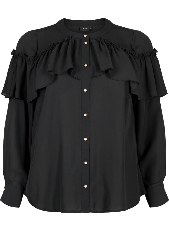 Ruffle shirt blouse with pearl buttons, Black, Packshot image number 0